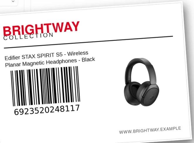 A generated branded shipping-mark label — product name, barcode and store branding — ready to print for the factory
