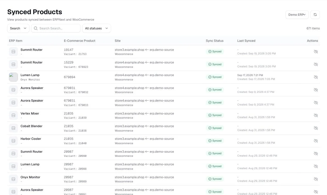 Synced products — See which products are live on each store, with per-store sync status.