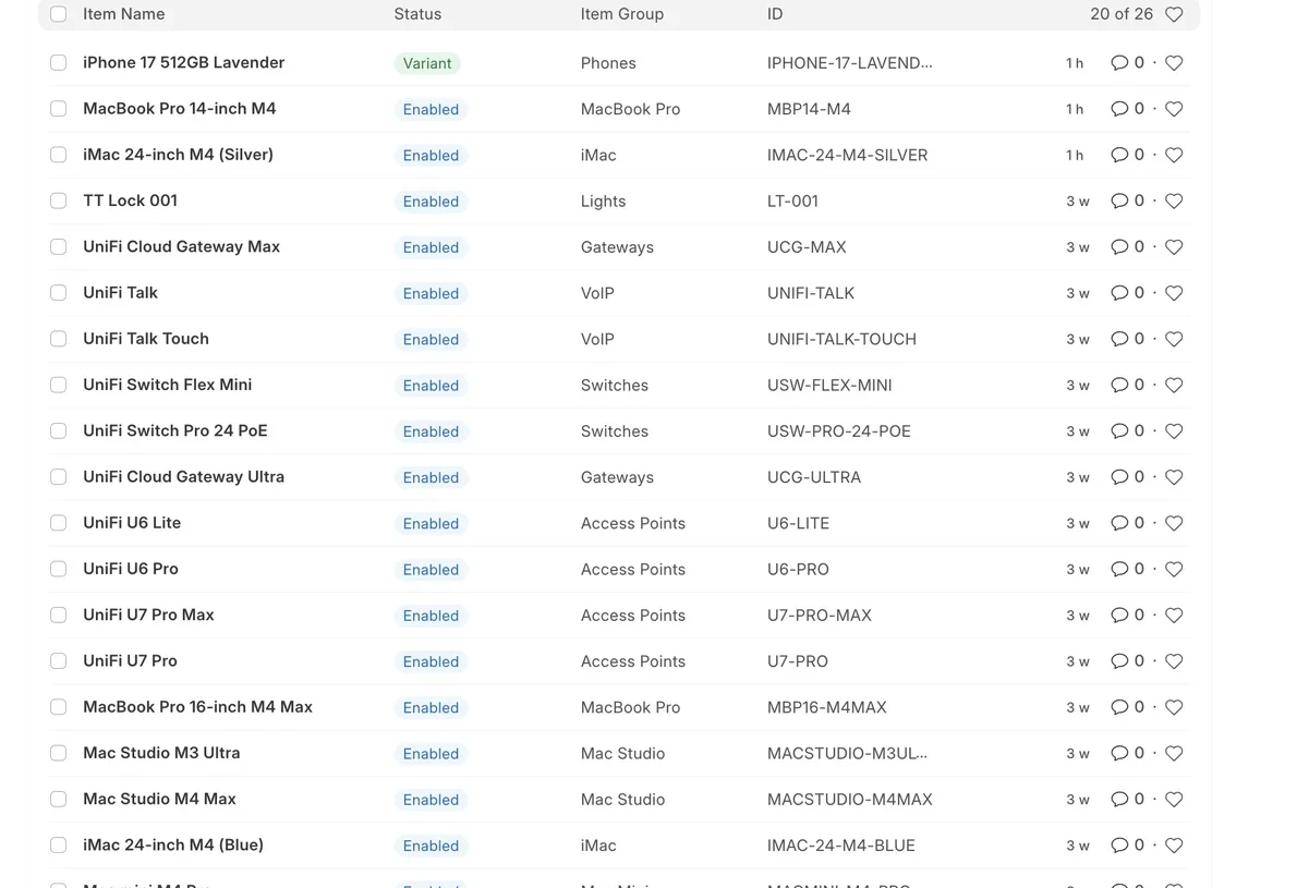 ERPNext item list — products with status, item group and code