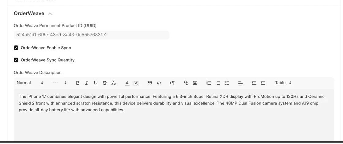 The OrderWeave sync section on an ERPNext item: permanent product ID, enable sync, sync quantity, description