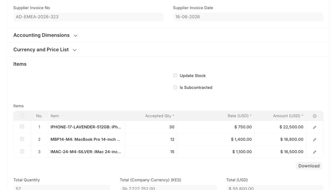 ERPNext purchase invoice line items with accepted quantity, rate and amount