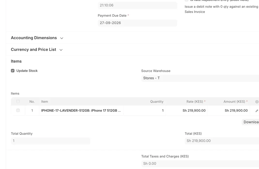 ERPNext sales invoice items and totals, with source warehouse
