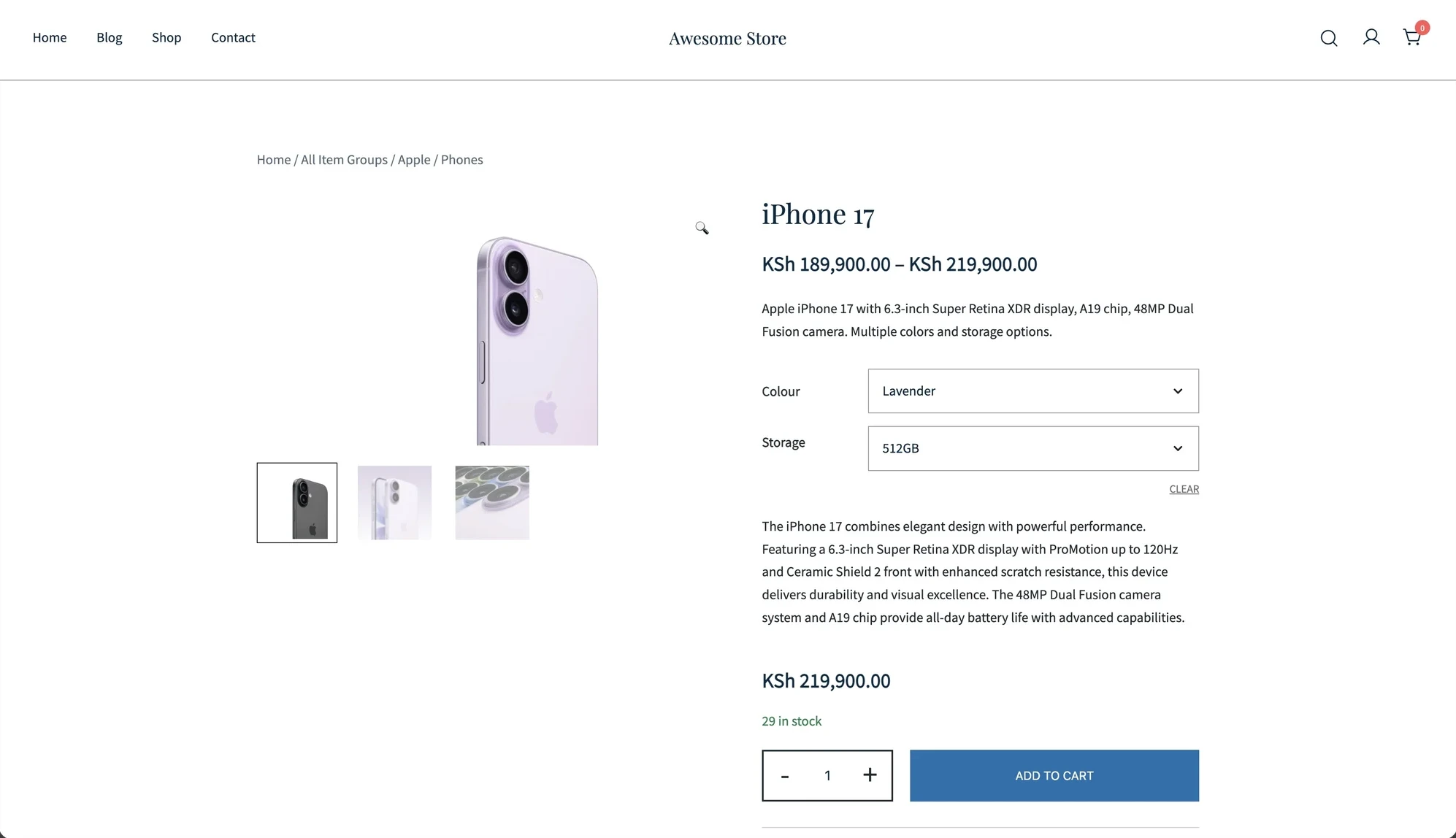 The same product live on a WooCommerce storefront — variants, price and real-time stock reflecting the ERP